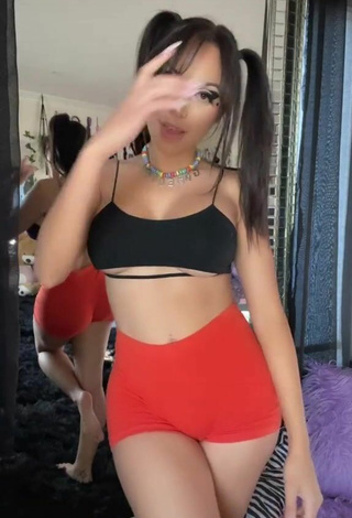 Maddy Belle (@itsmaddybelle) #crop top  #black crop top  #underboob  #shorts  #red shorts 