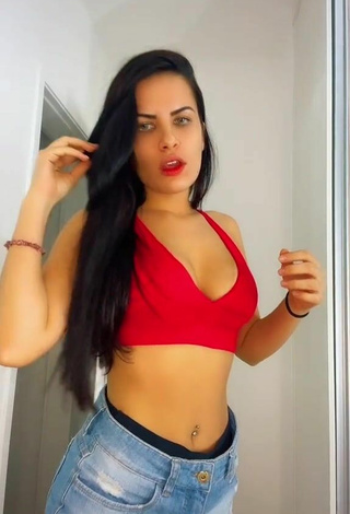 Dine Azevedo (@dine_azevedo) #crop top  #red crop top  #shorts  #jeans shorts  #belly button piercing 