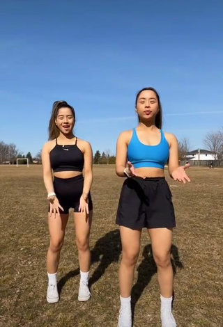Samantha & Madeleine Caleon (@caleontwins) #crop top  #black crop top  #blue crop top  #legging shorts  #black legging shorts  «Finally able to film outside...»