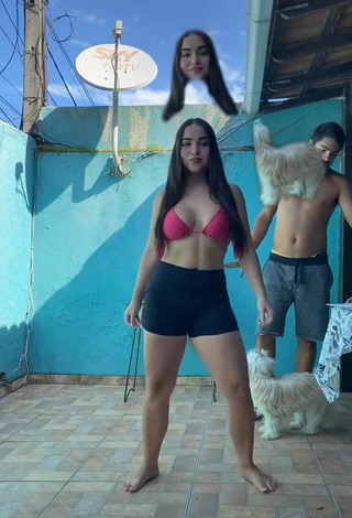 Aline Borges (@aliiineborges) #cleavage  #bikini top  #pink bikini top  #shorts  #black shorts 